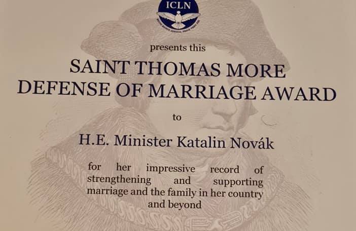 Katalin Novák was awarded the Thomas Szent Mórus Award in Rome