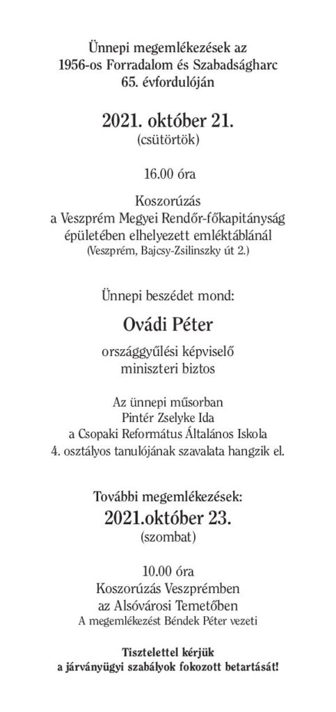 Meghívó a Magyar Vidék Országos 56-os Szervezet központi megemlékezésére Veszprém, 2021. október 21. 16.00 óra