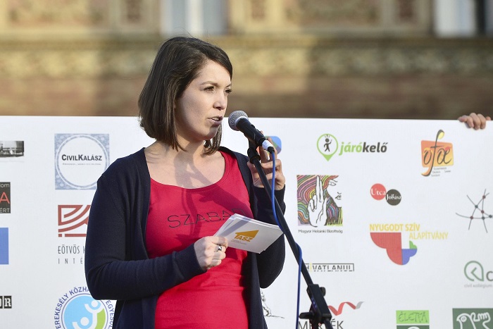 Source: facebook.com; photo: MTI; in the picture Stefánia Kapronczay, the executive director of the Society for Freedoms (TASZ) is giving a speech at the civil demonstration organized against the draft law on the transparency of civil organizations in Hősök square in the capital 