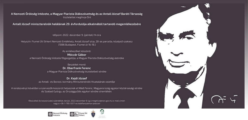 Invitation to the commemoration to be held on the occasion of the 29th anniversary of the death of Prime Minister József Antall