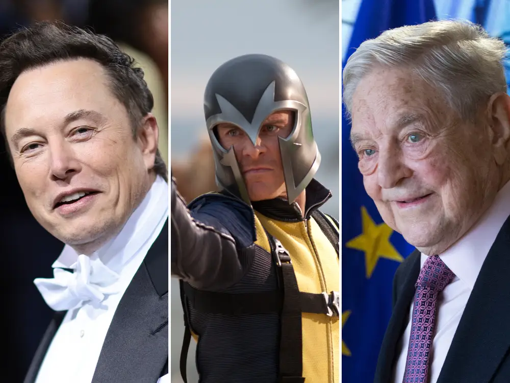 Elon Musk, Michael Fassbender Magneto szerepében és Soros György/Forrás: GettyImages
