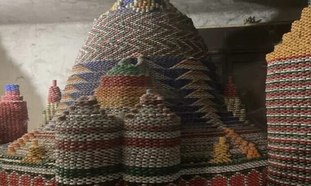 He collected the caps in the local pub and then built amazing sculptures out of them