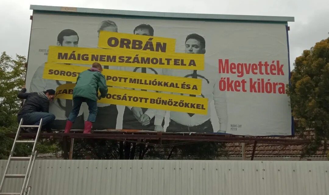 Péter Márki-Zay fa campagne vandalizzando manifesti