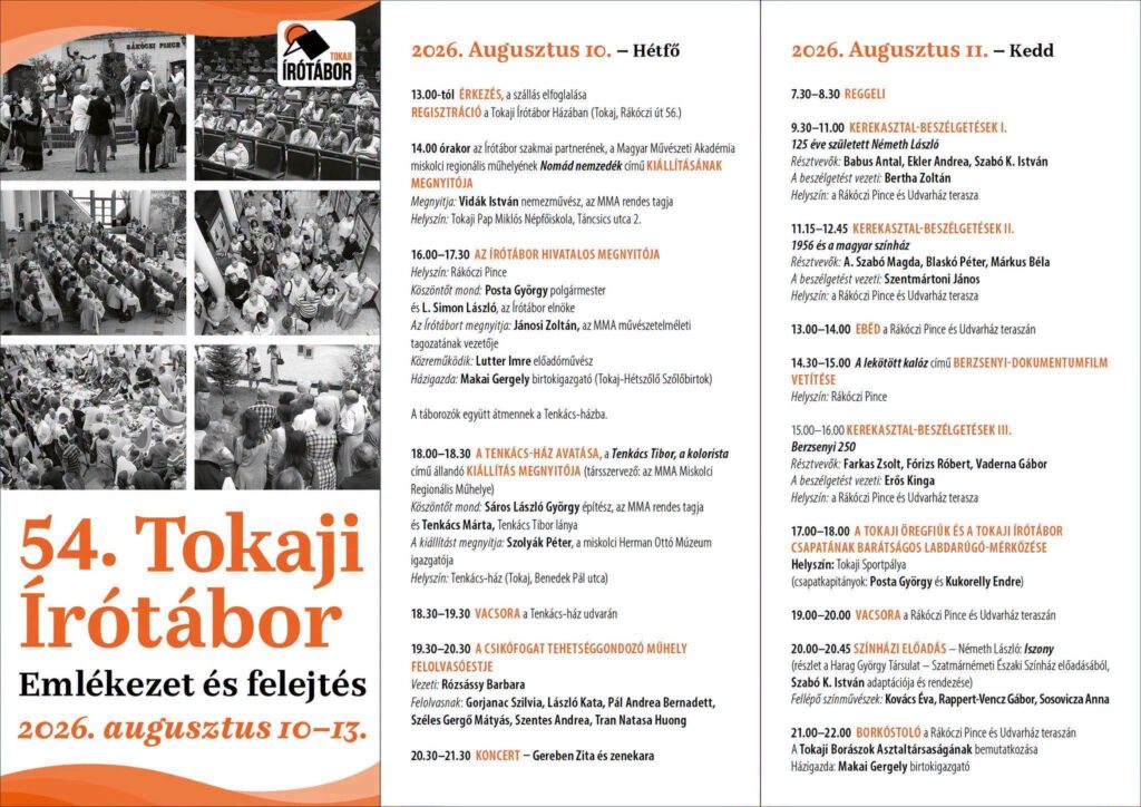 54. Tokaji Írótábor 2026 program